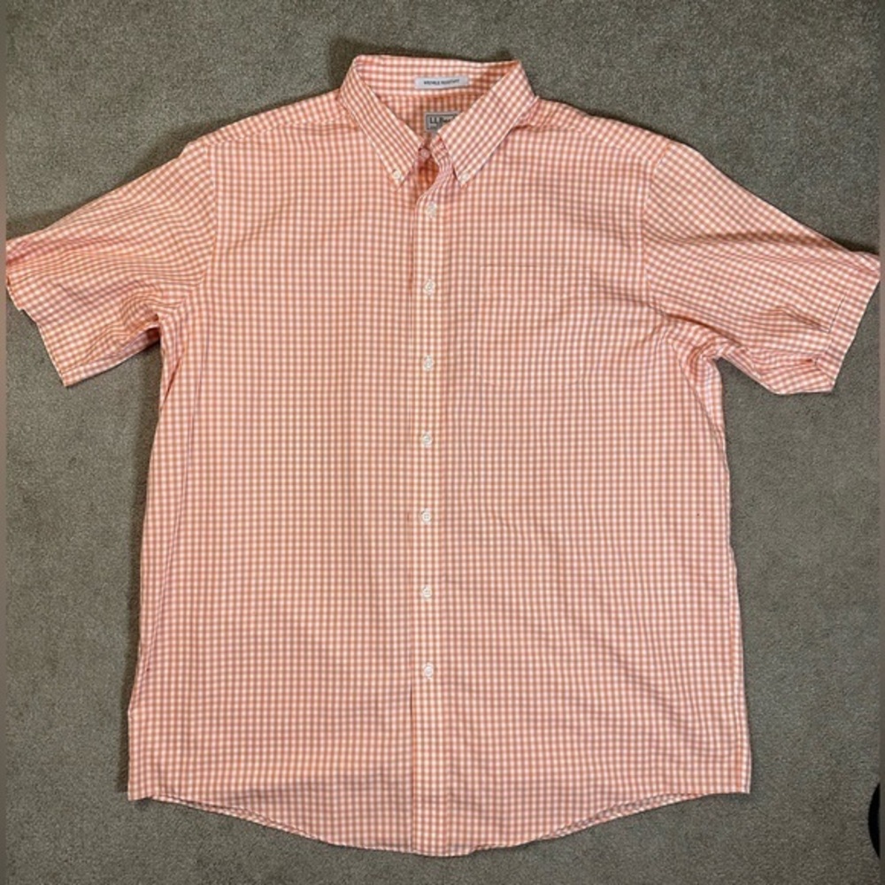 LL Bean Mens XL‎ Tall Orange Gingham Wrinkle Resistant Short Sleeve Shirt 262299